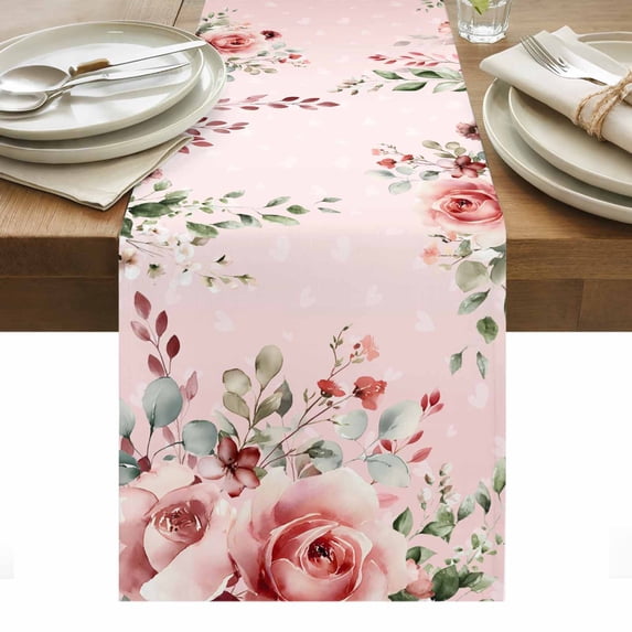 Pink Valentine's Day Table Runner - 48 Inch Long, Kitchen Dining Table Runner Dresser Scarves, Roses Romantic Art Spring Floral Farmhouse Decor for Coffee Tables Wedding Party Banquet