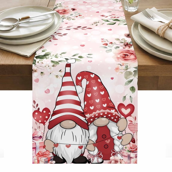 Pink Valentine's Day Table Runner - 48 Inch Long, Kitchen Dining Table Runner Dresser Scarves, Spring Floral Romance Roses Gnomes Farmhouse Decor for Coffee Tables Wedding Party Banquet