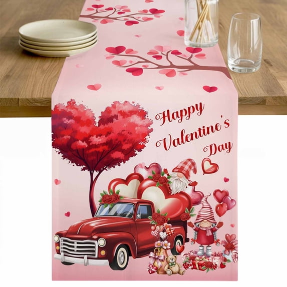 Pink Valentine's Day Table Runner 70 Inches Long Farmhouse Dress Scarves, Love Heart Truck Roses Gnomes Dining Tablerunner for Coffee Table/Kitchen Island/Party Décor, 13" x 70"