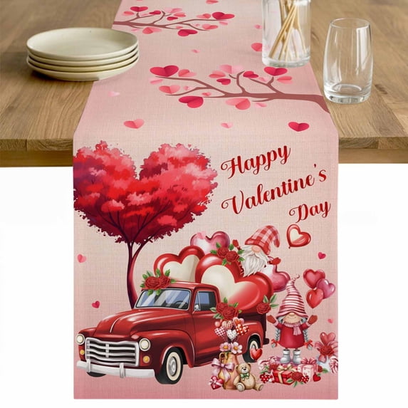 Pink Valentine's Day Table Runner 72 Inches Long Farmhouse Dress Scarves, Love Heart Gnomes Truck Roses Dining Tablerunner for Coffee Table/Kitchen Island/Party Décor, 13" x 72"
