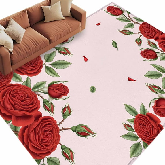 Pink Valentine's Day Washable Area Rug 5 x 8 ft Romantic Red Roses, Soft Non Slip Rugs Stain Repellent Indoor Felt Carpet for Living Dining Room Bedroom Home Office