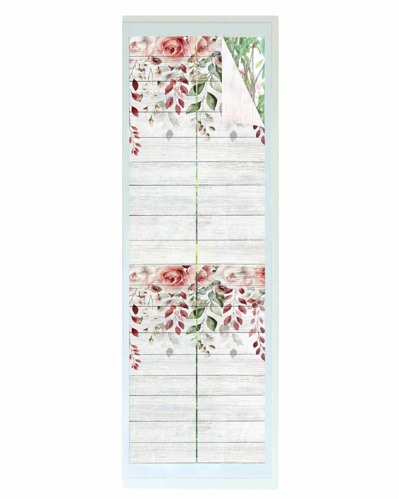Pink Valentine's Day Window Privacy Film Stained Glass Window Film Decorative Windows Cover Static Windows Cling for Glass Door Roses Spring Floral Wooden Farmhouse Stickers for Bathroom 17.7"x78.7"