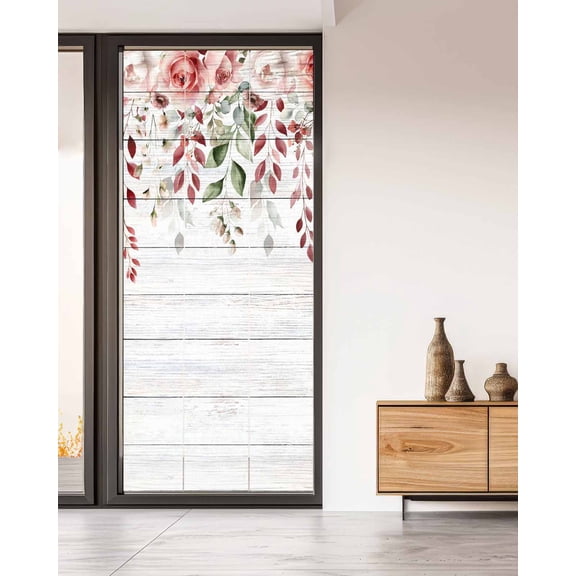 Pink Valentine's Day Window Privacy Film Stained Glass Window Film Decorative Windows Cover Static Windows Cling for Glass Door Roses Spring Floral Wooden Farmhouse Stickers for Bathroom 35.4"x78.7"