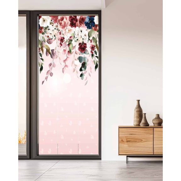 Pink Valentine's Day Window Privacy Film Stained Glass Window Film Decorative Windows Cover Static Windows Cling for Glass Door Spring Floral Eucalyptus Leaves Stickers for Bathroom 35.4"x78.7"