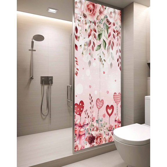 Pink Valentine's Day Window Privacy Film Stained Glass Window Film Decorative Windows Cover Static Windows Cling for Glass Spring Floral Romance Love Heart Roses Stickers for Bathroom 29.5"x78.7"