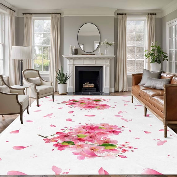 Pink Valentines Area Rugs 5'x7', Washable Small Throw Rugs for Laundry Room Playroom, Spring Leaves Botanical Floral Indoor Outdoor Rug Non-Slip Low Pile Carpet Runner Reversible Floor Mats