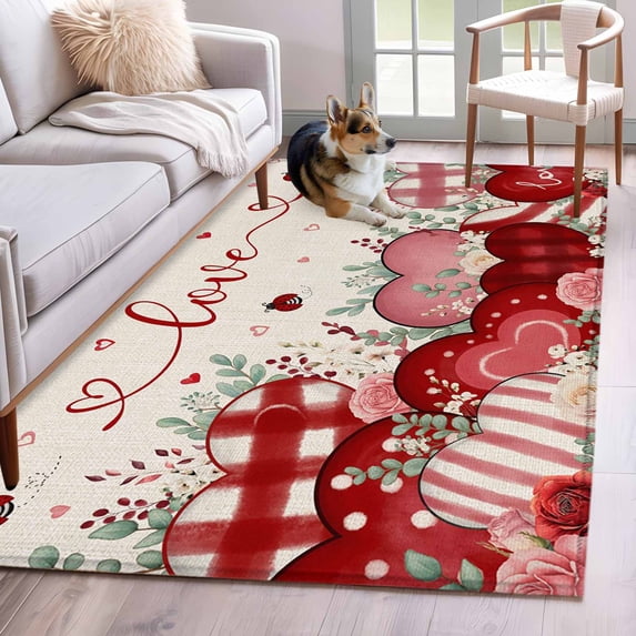 Pink Valentines Day Area Rugs 2.7'x5', Washable Small Throw Rugs for Kitchen Bedroom, Love Heart Eucalyptus Botanical Rustic Indoor Outdoor Rug Non-Slip Low Pile Carpet Runner Reversible Floor Mats