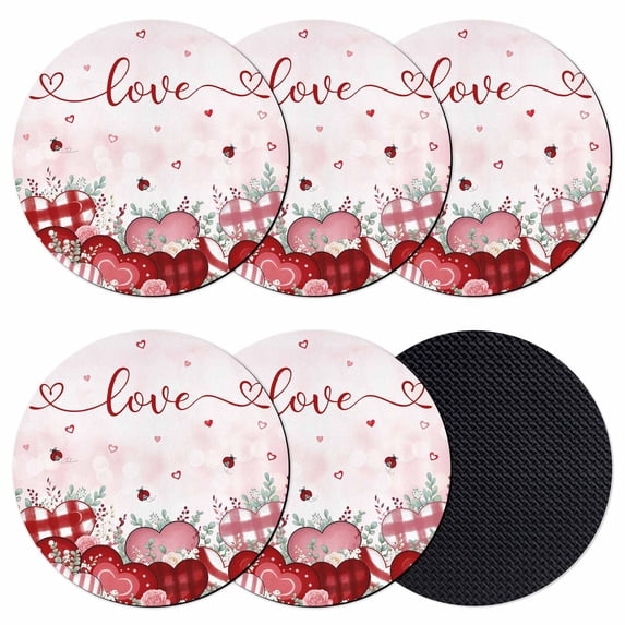 Pink Valentines Day Coasters Set of 6, Absorbent Coasters for Drinks, Love Heart Eucalyptus Botanical Coaster for Desk Coffee Table Protection, Home Decor House Warming Gifts 4"