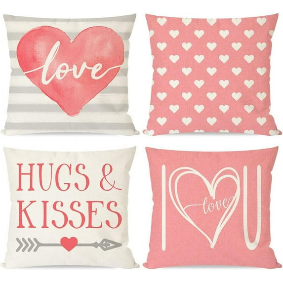 Pink Valentines Day Pillow Covers 20X20 Set of 4 Grey Stripe Heart I Love You for Valentines Day Decor Anniversary Outdoor Decorative Throw Pillows Cushion Case Decorations for Couch