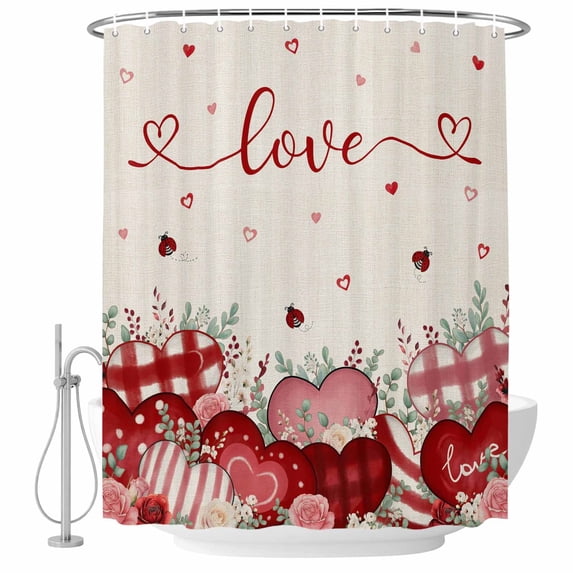 Pink Valentines Day Shower Curtain Set - 48" x 72" Washable Bathtub Curtain with 12 Hooks, Love Heart Eucalyptus Botanical Rustic Waterproof Fabric Stall Shower Curtains for Bathroom/Bathtub Décor