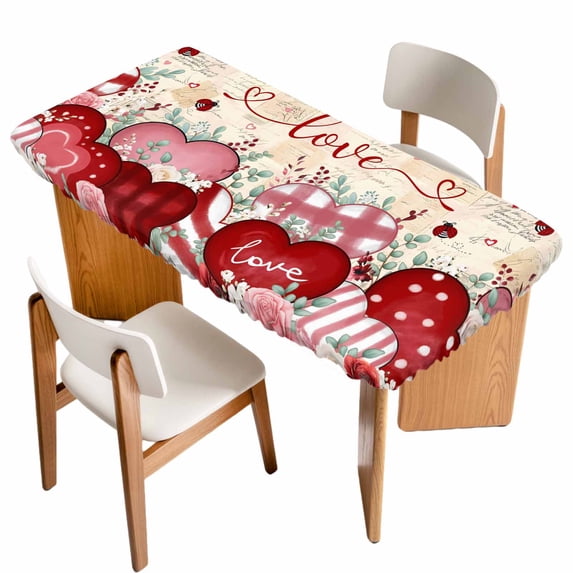 Pink Valentines Day Table Cloths for 4 Foot Rectangle Tables, Love Heart Eucalyptus Botanical Retro Patio Waterproof Elastic Fitted Tablecloths, Washable Rectangular Table Cover for Camping