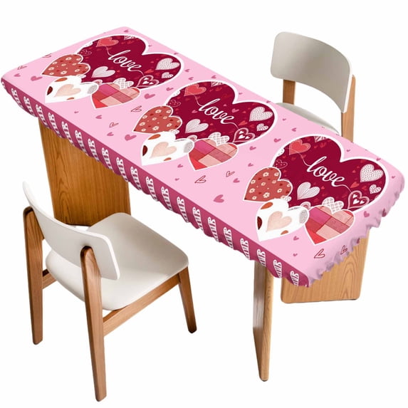 Pink Valentines Day Table Cloths for 8 Foot Rectangle Tables, Love Hearts Romantic Farmhouse Patio Waterproof Elastic Fitted Tablecloths, Washable Rectangular Table Cover for Camping