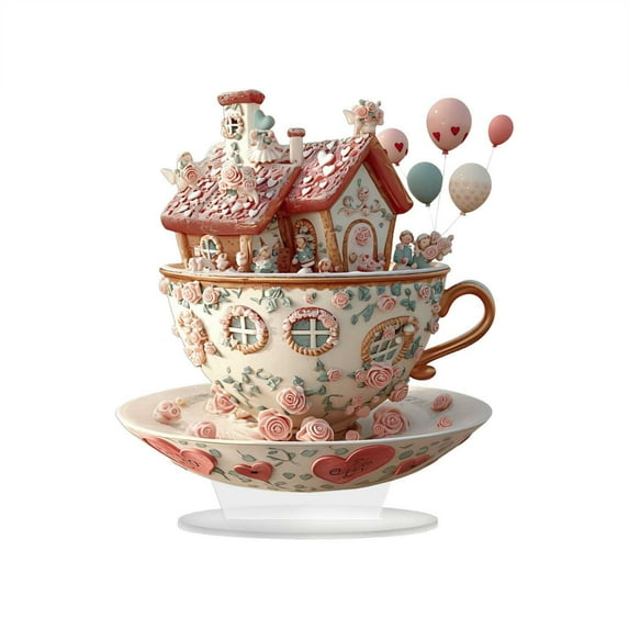 Pink Valentines Day Table Decorations,Valentines Day Centerpiece for Table,2D Acrylic Dreamy Teacup Decorations for Valentines Decor,Pink