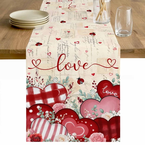 Pink Valentines Day Table Runner - 48 Inch Long Love Heart Eucalyptus Botanical Retro Cotton and Linen Blended Dress Scarves Farmhouse Table Runner for Kitchen Dining, Coffee Table, 13" x 48"