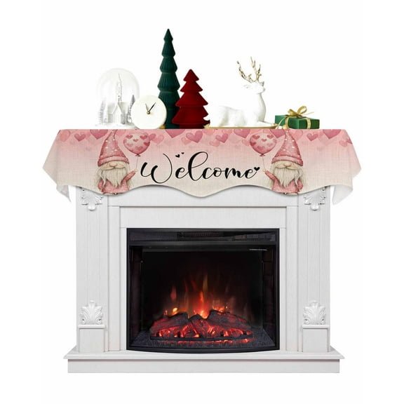 Pink Valentines Fireplace Mantel Scarf Table Runner, Welcome Pink Love Heart Gnomes Rustic Winter Garland Mantel Top Tablerunners Dresser Scarves Cover for Windows Party Living Room 70''x17''