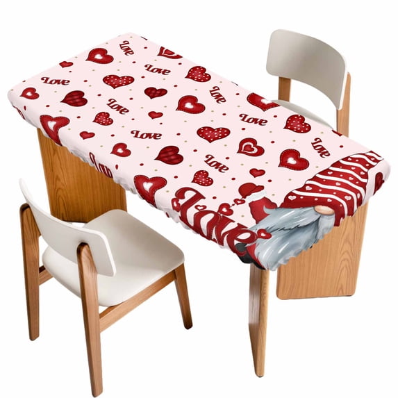 Pink Valentines Gnomes Table Cloths for 3 Foot Rectangle Tables, Love Heart Red Patio Waterproof Elastic Fitted Tablecloths, Washable Rectangular Table Cover for Camping