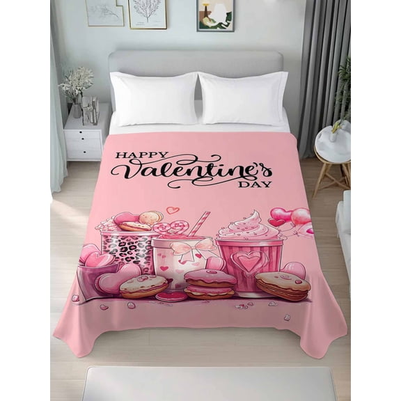 Pink Valentines King Size Flat Sheet, Wrinkleproof & Fadeproof Cooling Flat Bed Sheet Only, Love Heart Desserts Coffee Breathable Soft Bedding Top Sheets 105 x 98 Inches