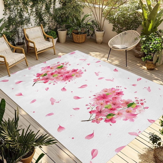Pink Valentines Outdoor Rug 4x6 Ft - Reversible Patio Rug Outdoor Camping Rugs, Spring Leaves Botanical Floral Washable Indoor Outdoor Area Rugs, Non-Slip Outdoor Carpet Runner for Deck/Porch