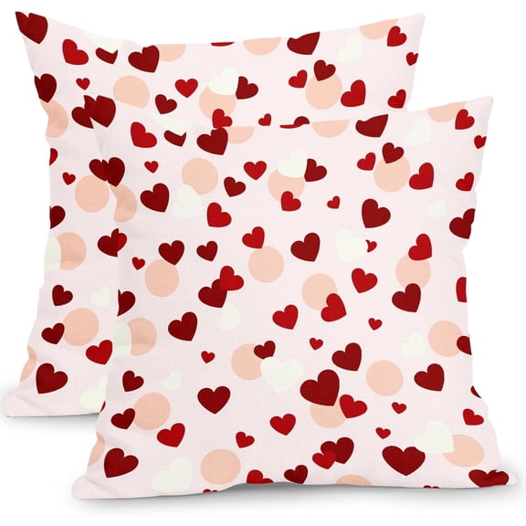 Pink Valentines Pillow Covers 16x16 Inch Set of 2 Red Heart Decorative Throw Pillow Covers Farmhouse Valentine''s Day Outdoor Pillowcases Cotton Linen Cushion Covers For Sofa Couch Bed Home Decor