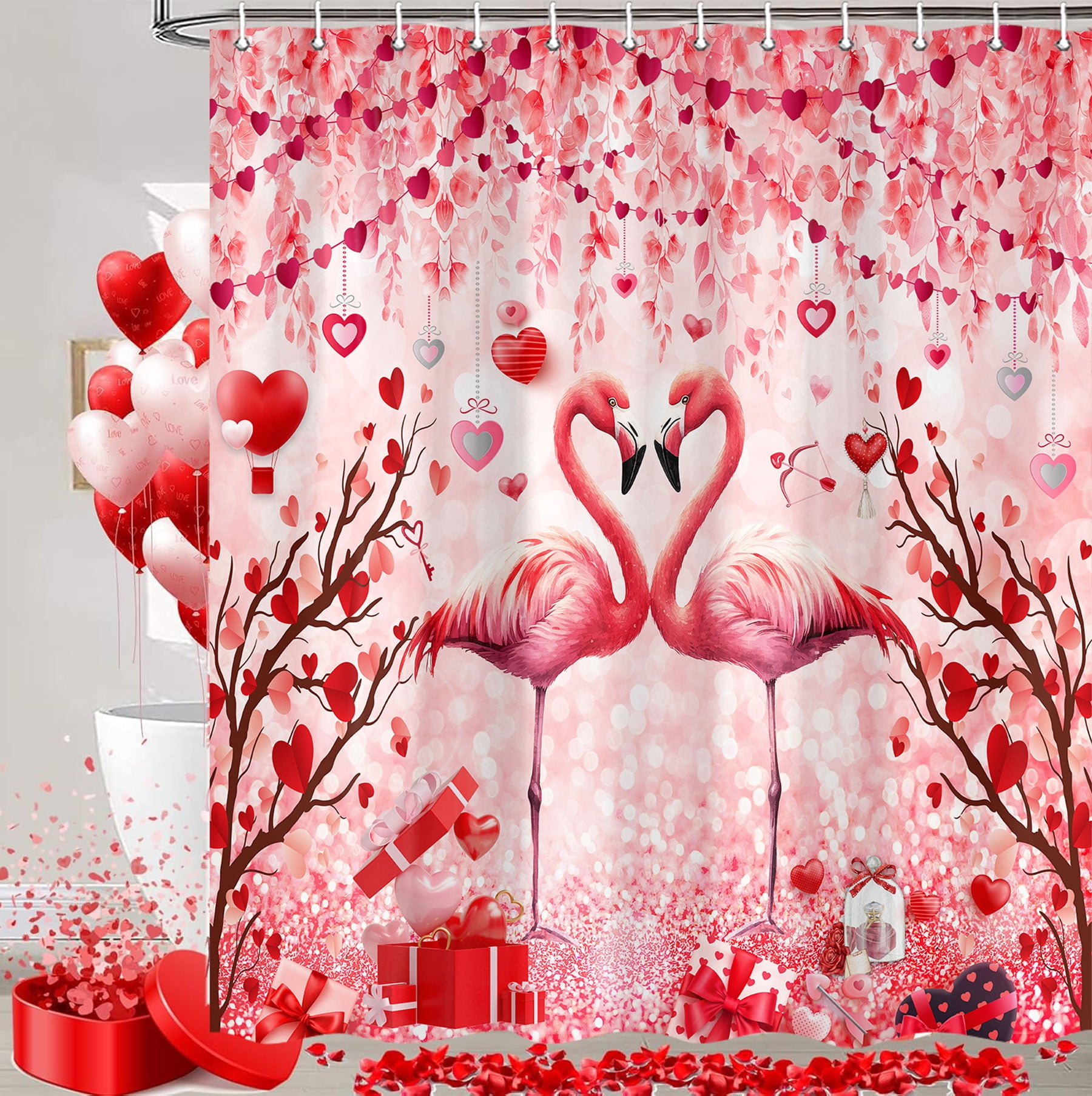 Pink Valentines Shower Curtain, Romantic Pink Flamingo Red Hearts