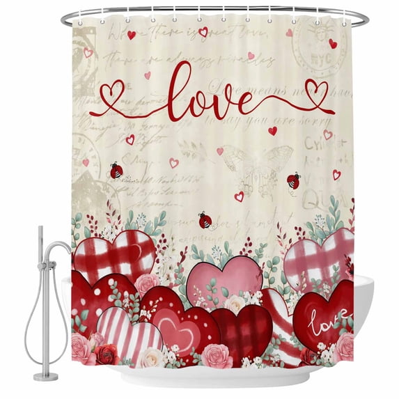 Pink Valentines Shower Curtain Set - Extra Long 72" x 96" Washable Bathtub Curtain with 12 Hooks, Vintage Love Heart Eucalyptus Botanical Waterproof Fabric Shower Curtains for Bathroom/Bathtub Décor