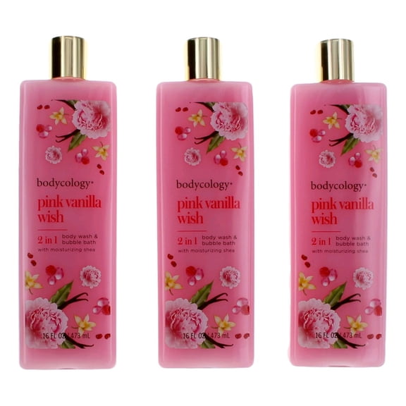 Pink Vanilla Wish by Bodycology, 3 Pack 16 oz 2-1 Body Wash & Bubble Bath for Women