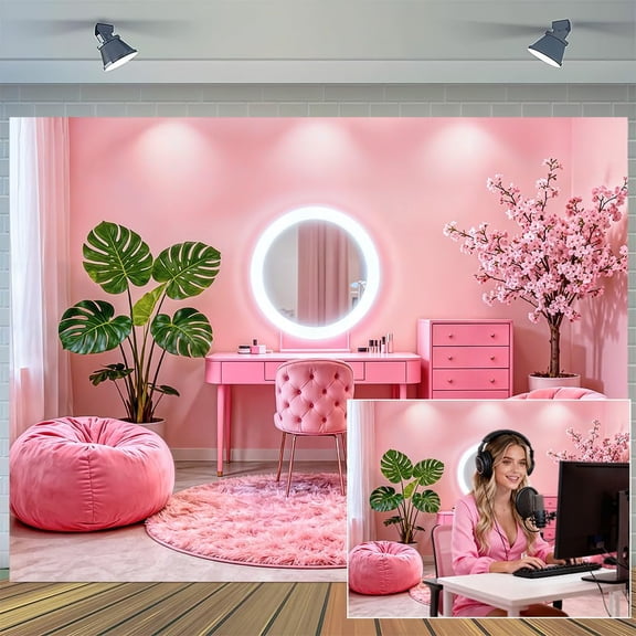 Pink Vanity Backdrop Virtual Home Photography Background for Video Recording Live Video Zoom Calls Photo Studio Props Wall Decor Banner
