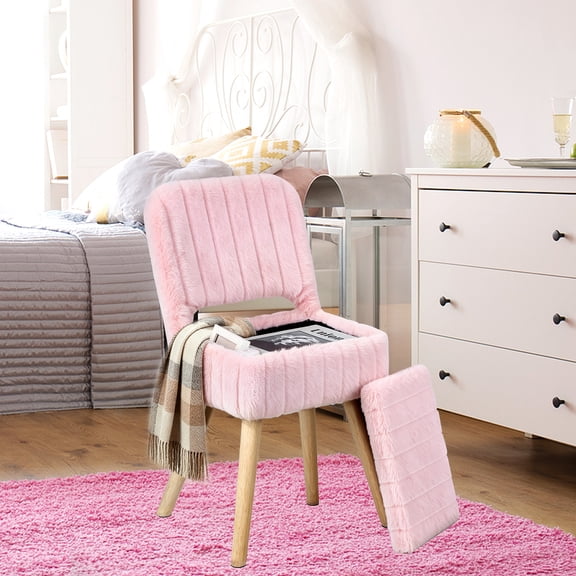 Pink Vanity Chair with Storage, Folding Dual‑Mode Backrest, Faux Rabbit Fur Soft Padded Makeup Stool, Solid Wood Anti‑Slip Legs, 330LB Max Static Load for Bedroom & Dressing Room
