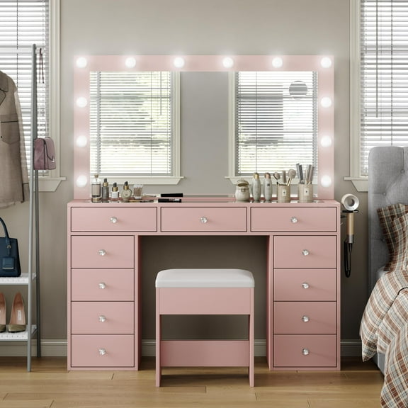 Pink Vanity Desk with Illuminated Mirror & Power Outlet, 11 Drawers Vanity Table with Chair, Makeup Vanity with 12 LED Lights, Tempered Glass Top, Dressing Table for Bedroom,Dressing Room