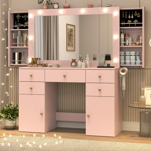 Pink Vanity Desk with Large Lighted Mirror & Power Outlet, Makeup Vanity Table with Glass Top & Drawers & Sliding Jewelry Storage Shelves , 44.1" Large Makeup Vanity Table for Women Girls, Pink