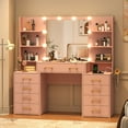 thumbnail image 1 of Pink Vanity Desk with Mirror & LED Lights, Glass Top Vanity Desk with Charging Station & Compartment Storage Drawers, 55" Large Makeup Vanity Table with 9 Drawers & 6 Shelves, 1 of 7