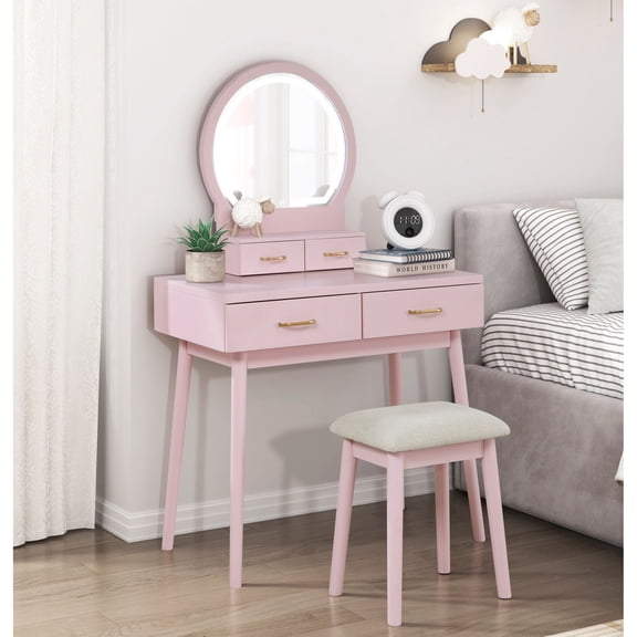 Pink Vanity Dresser with Mirror and Stool Set | Ideal for Bedroom Makeup and Self - care | Solid Wood Construction | Solves Storage Issues with 4 Drawers