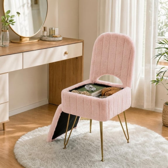 Pink Vanity Stool with Backrest Large Square Storage Ottoman Bench with Hidden Compartment,Makeup Chair for Bedroom, Living Room