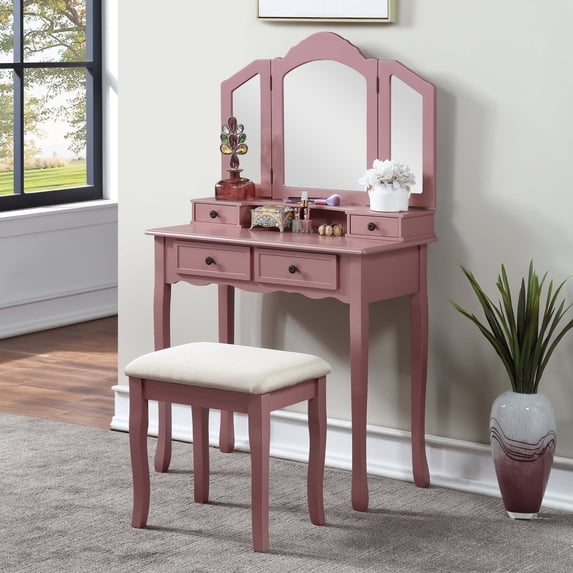 Pink Vanity Table and Stool Set, One PIX Makeup Vanity Table Dressing Table with Mirror, Wood Makeup Desk with 4 Drawers suitable for Bedroom, Makeup Room