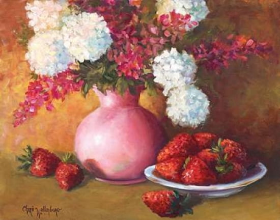 Pink Vase and Strawberries Canvas Art - Cheri Wollenberg (22 x 28)