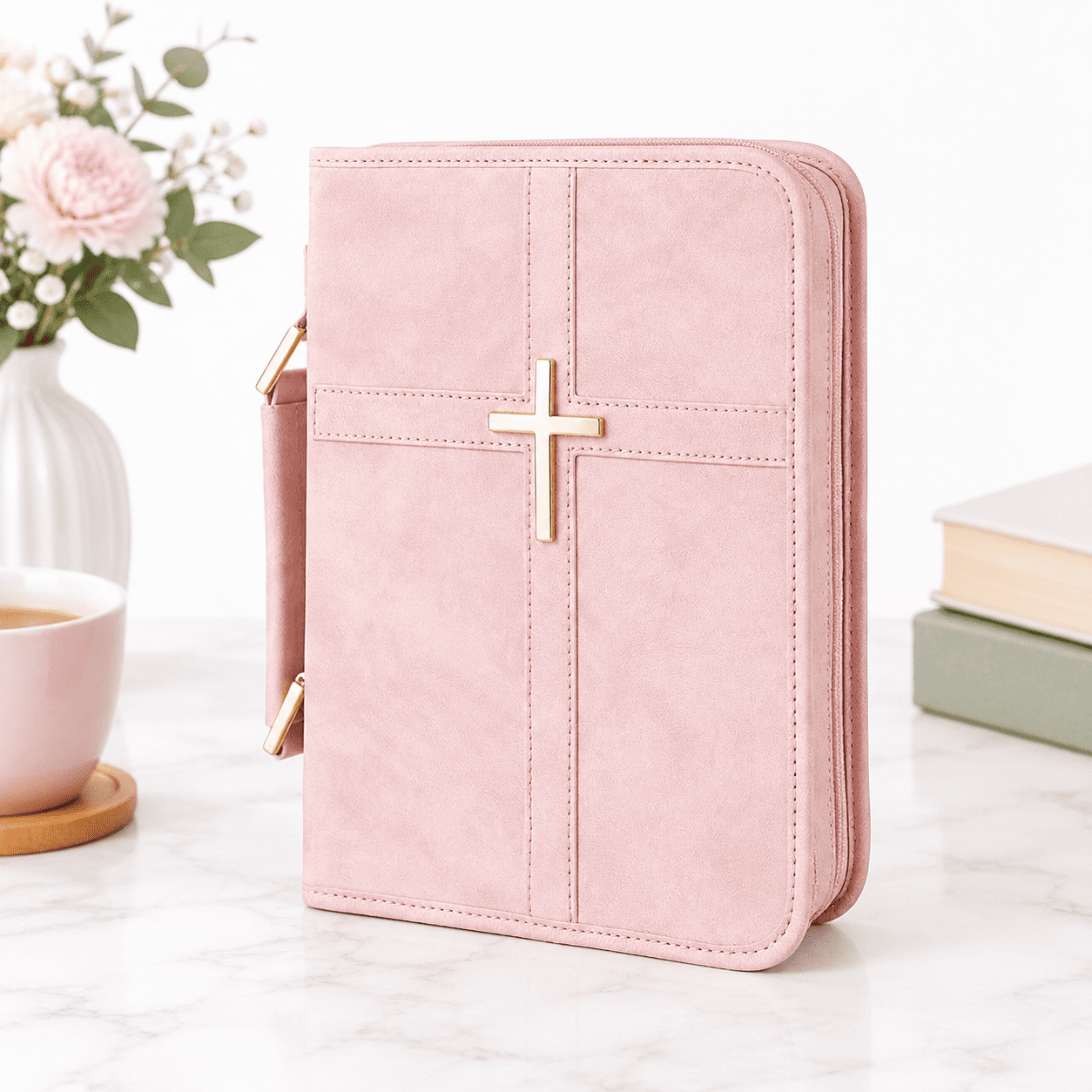 Pink Vegan Leather Book Cover Case with Cross Design, Fits Standard ...