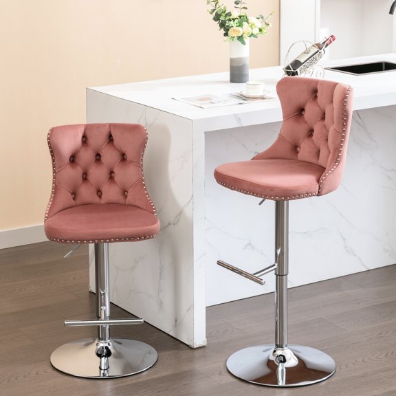 Pink Velvet Of 2, Adjustable 25 - 33 Inch Seat Height, Comfortable With Backs, , Base, Ideal For Home Pub And Kitchen Island, Hand-pulled Buttons, Nailheads Modern , 2 Pieces, Inch, Velvet, Backed A