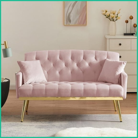 Pink Velvet 2-Seater Sofa | Tufted Back | Gold Metal Legs | Light Luxury for Small Spaces