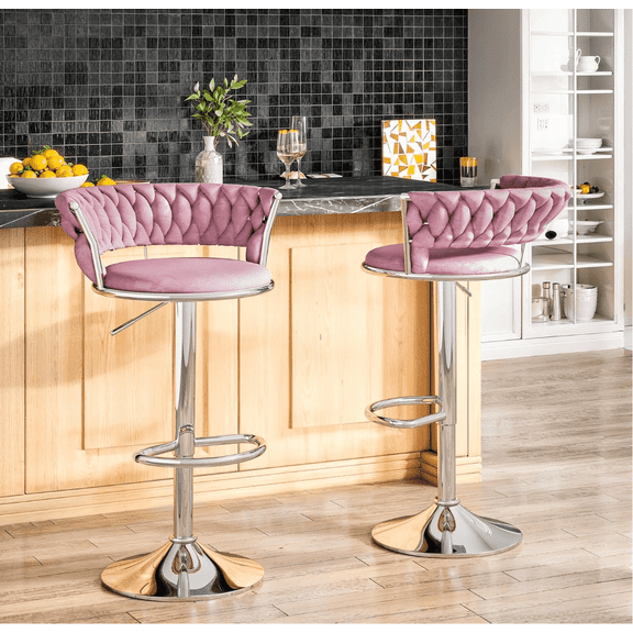 MOOSENG Pink Velvet Bar Stools Set of 2 - Adjustable Height Swivel Kitchen Stools with Low Back for Dining Room, Breakfast Bar, Home Decor&Entertaining Guests
