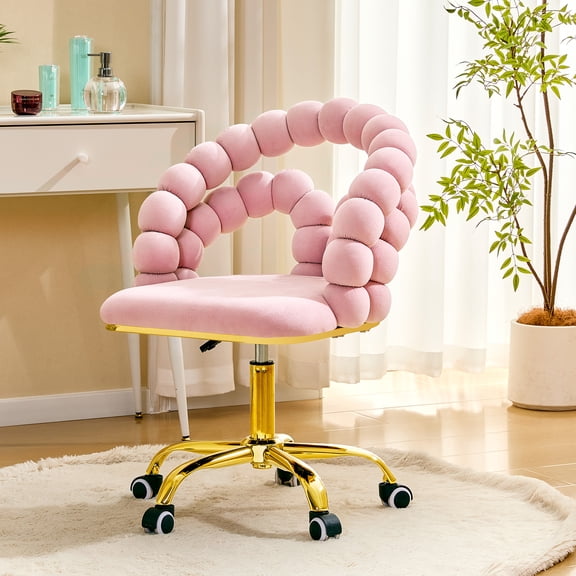 Pink Velvet Bubble Vanity Chair with Gold Base, 360 Swivel Height Adjustable Ergonomic Accent Chair, Cute Rolling Desk Chair for Bedroom, Makeup Vanity, Home Office