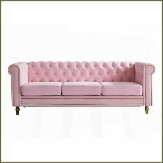 Pink Velvet Chesterfield Sofa 84.65 Inch – Luxe Living Room Sofa with Gold Trim & Deep Tufting