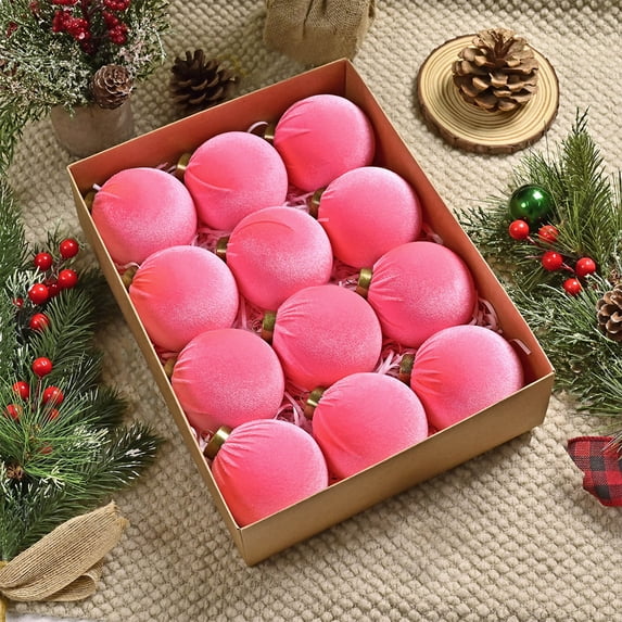 Pink Velvet Christmas Ball Ornaments with Golden Top, Burgundy Xmas Tree Ball Decorations, Flat Finish Holiday Ball Ornament (8 cm / 3 inch) Wedding Party Decor