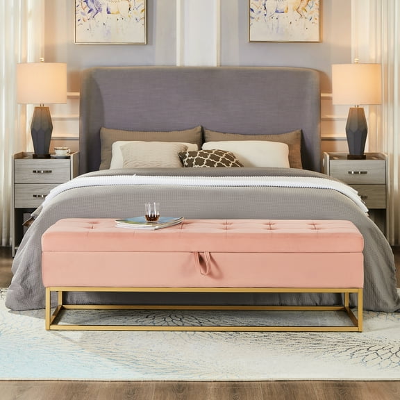 Pink Velvet Footrest Bench With Storage And Metal Frame - Complements Modern Home Decor 58.6" Base Chest For Bedroom & Living Area