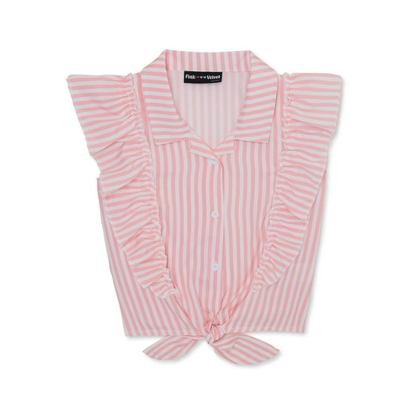 Pink Velvet Girl's Ruffle Tie Front Top, Sizes 4-16