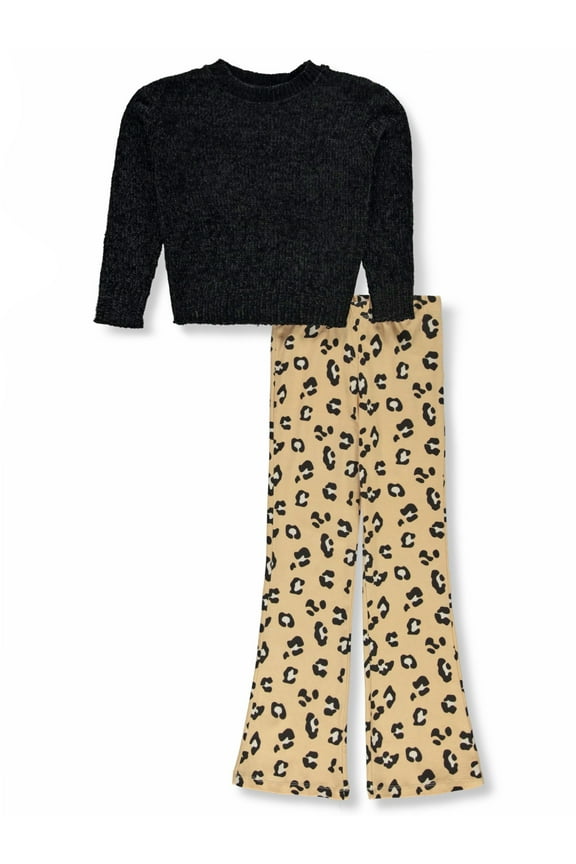 Girls' 2-Piece Hearts Flared Leggings Sweater Set Outfit Color: black multi Size: 4