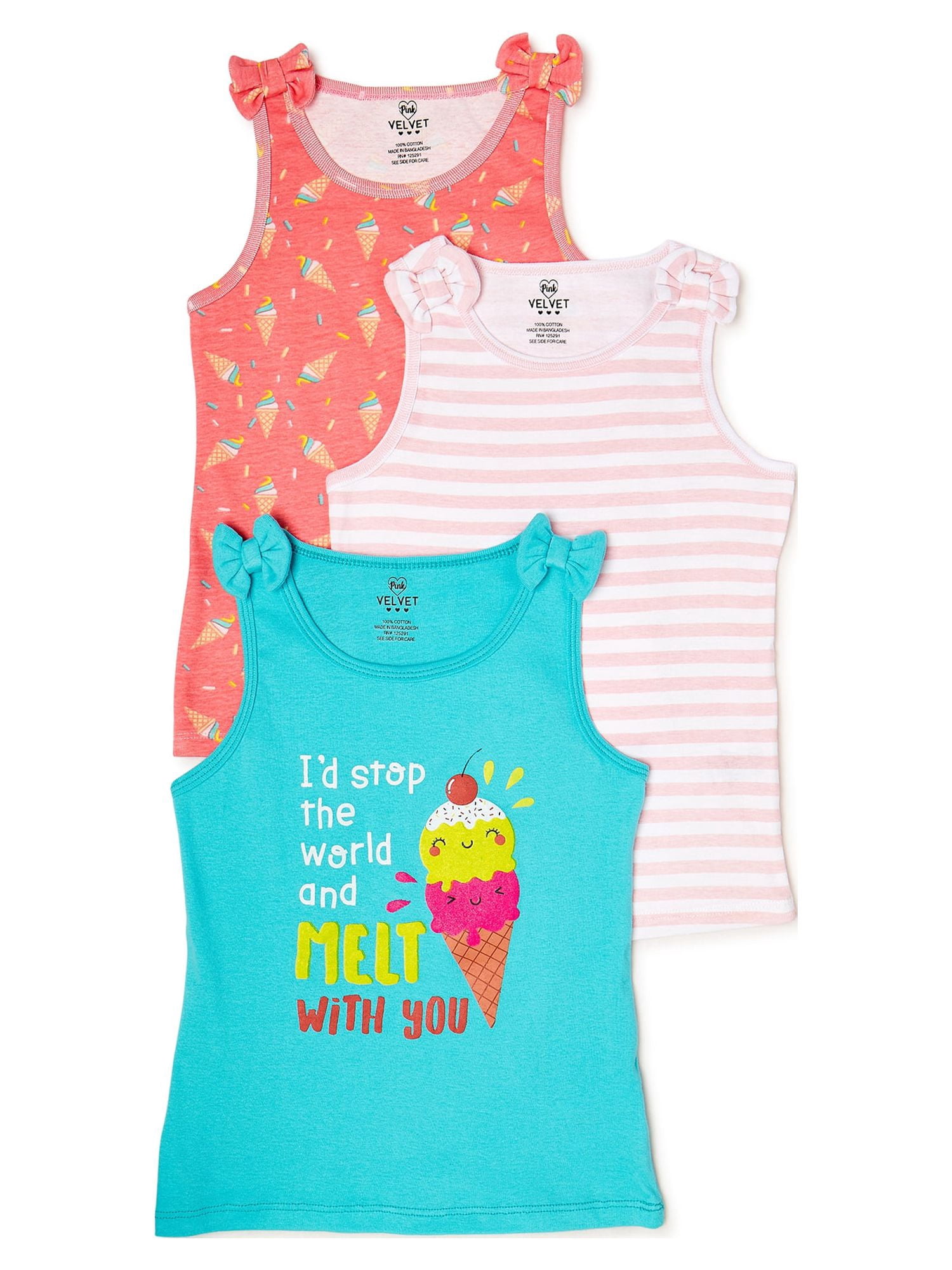 Pink Velvet Girls Graphic & Printed Shoulder Bow Tank Tops, 3-Pack, Sizes 4-16