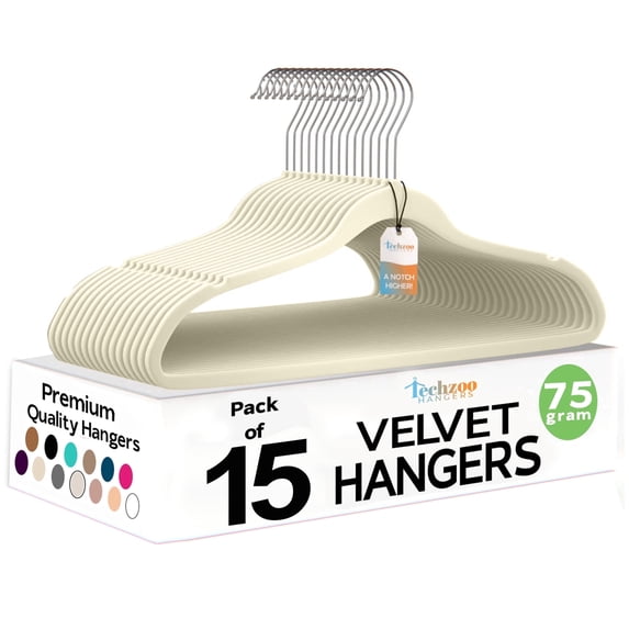 Techzoo Premium Ivory Velvet Hangers 15 Pack - Space Saving Felt Hanger, Non Slip Clothes Hangers for Closet, Heavy Duty Hanger for Coats, Shirts & Pants, 360° Swivel Hook, Hold Up to 10 lbs