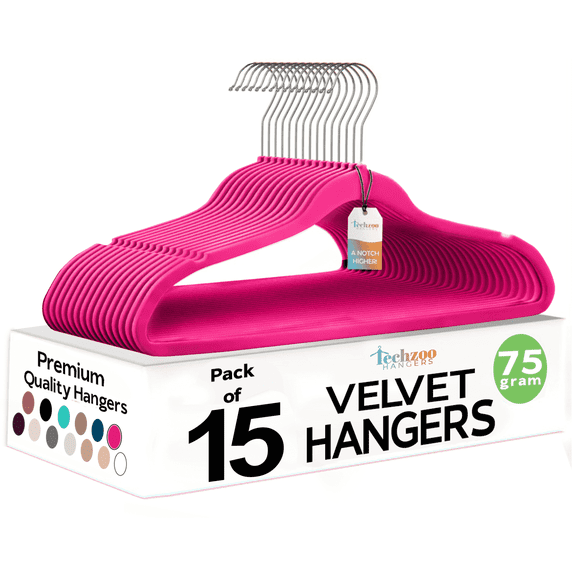 Techzoo Premium Darkpink Velvet Hangers 15 Pack - Space Saving Felt Hanger, Non Slip Clothes Hangers for Closet, Heavy Duty Hanger for Coats, Shirts & Pants, 360° Swivel Hook, Hold Up to 10 lbs