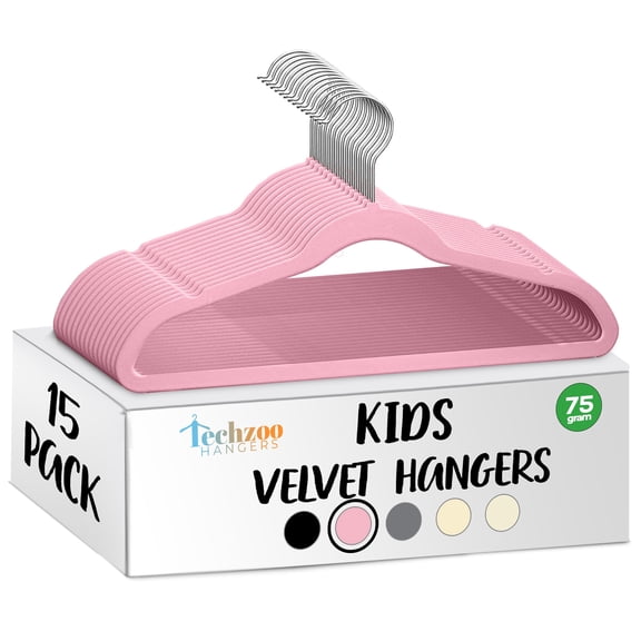 Techzoo Premium Kids Velvet Hangers 15 Pack – 14" Non Slip Felt Cloth Hangers for Closet – Ultra Slim, Space Saving Kids Clothes Hangers with 360° Swivel Hook, Toddler Children Kids Hangers – Pink