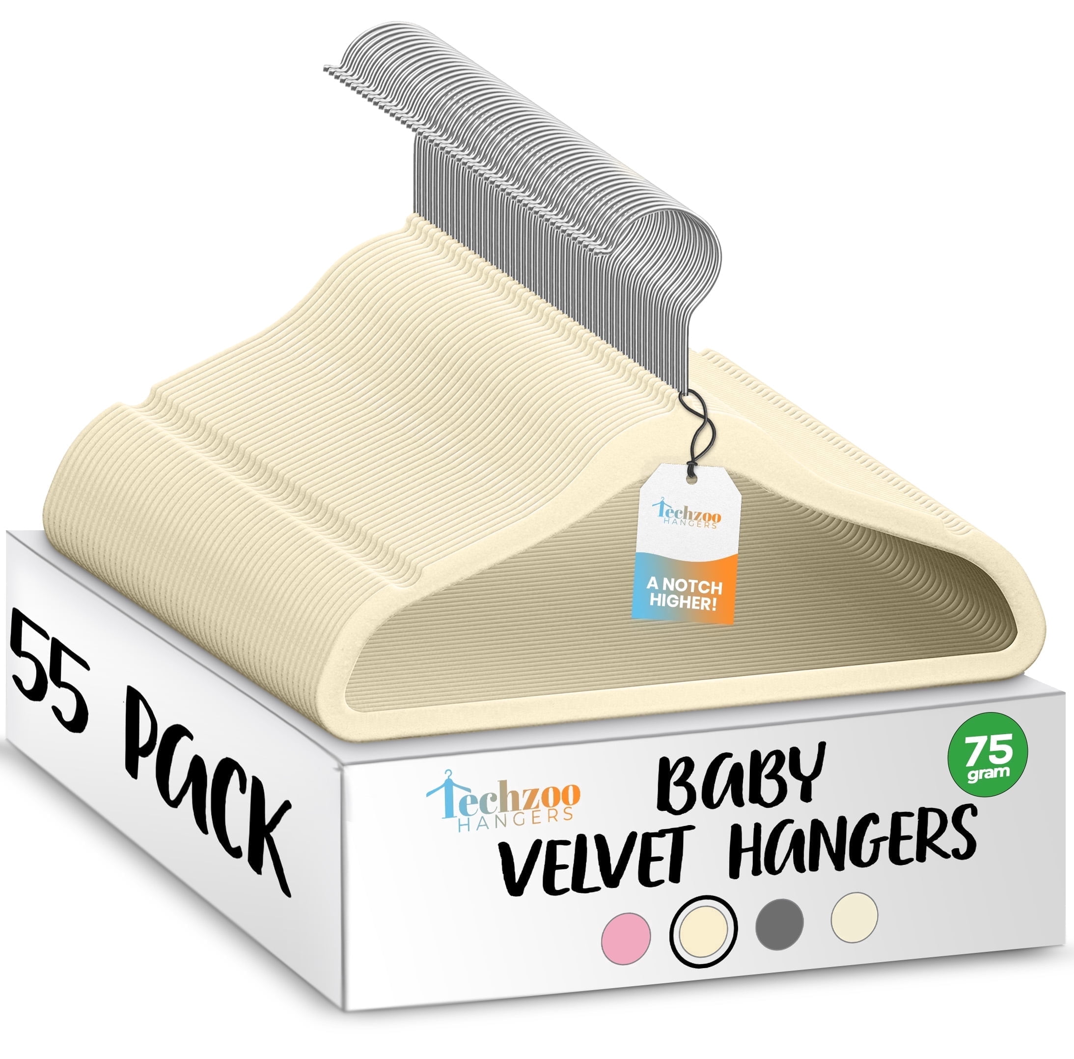 Techzoo Premium Baby Velvet Hangers 55 Pack – 11.8" Non Slip Felt Cloth Hangers for Closet – Ultra Slim, Space Saving Baby Clothes Hangers with 360° Swivel Hook Infant Hangers – Beige